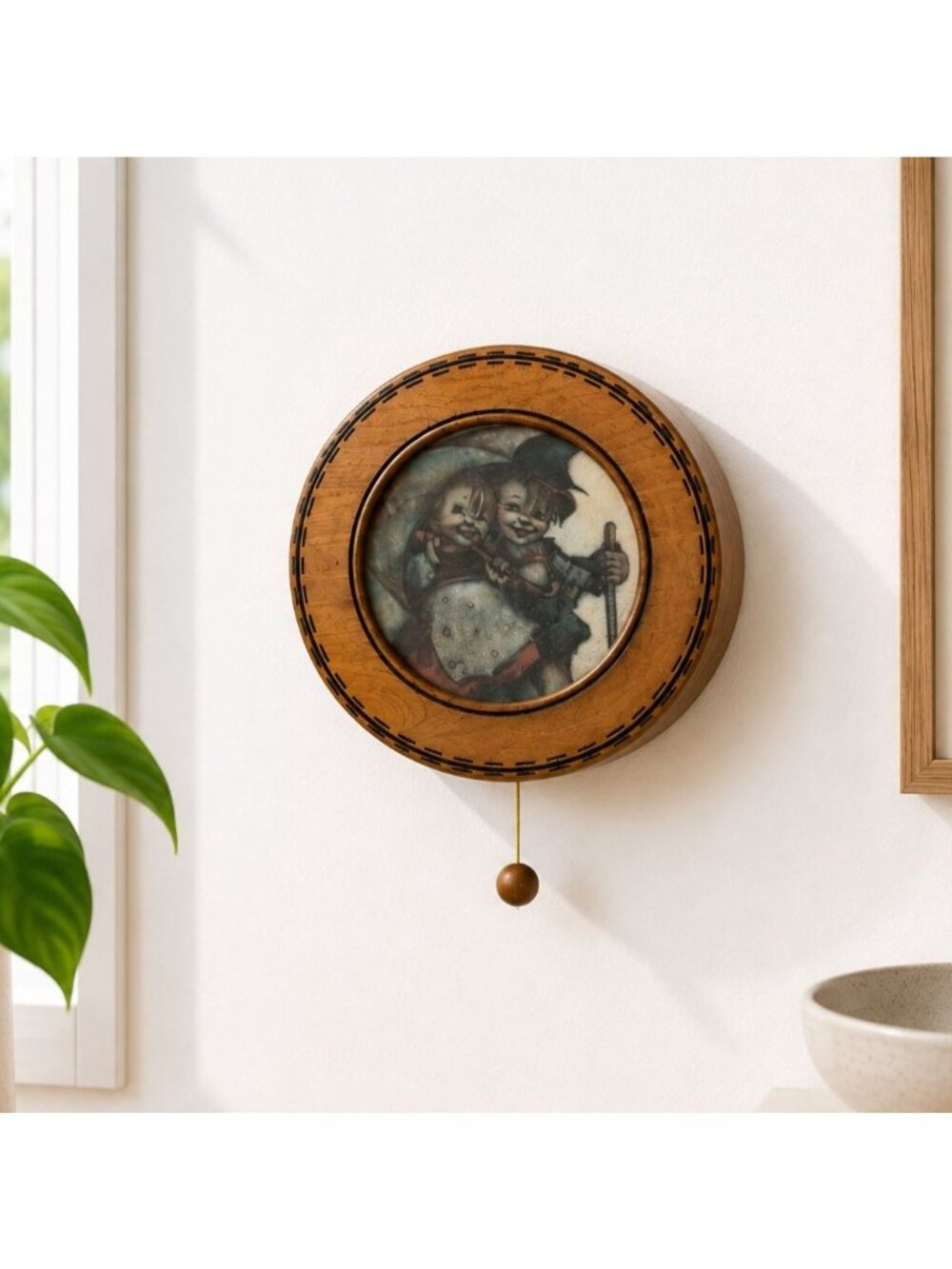 Vintage Edle West Germany Wooden Wall-Mounted Music Box With Boy & Girl Illustra
